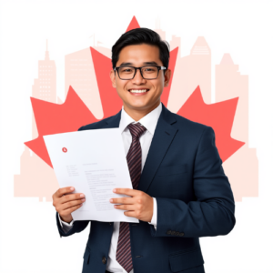 Filipino professional reviewing documents for Canada work permit application