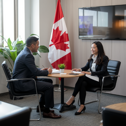 Immigration consultant discussing LMIA and work permit options with client in Canada