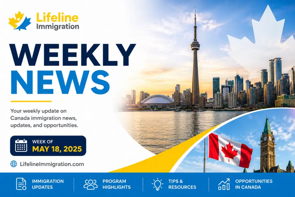 Lifeline Immigration weekly news banner with bold 'WEEKLY NEWS', Toronto skyline, CN Tower, and a Canadian flag with May 18, 2025 date framed by curved shapes.