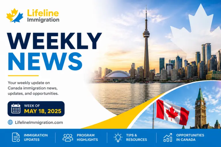 Lifeline Immigration weekly news banner with bold 'WEEKLY NEWS', Toronto skyline, CN Tower, and a Canadian flag with May 18, 2025 date framed by curved shapes.