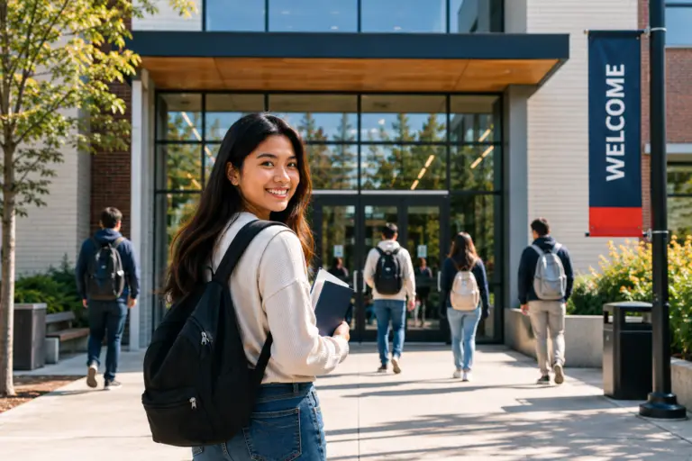 Smiling young woman with a black backpack and notebook stands at a campus entrance as students walk inside.