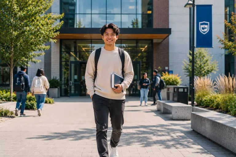 International student walking on a Canadian college campus for study opportunities in Canada