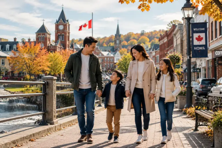 Family exploring community life through Provincial Nominee Program pathways in Canada