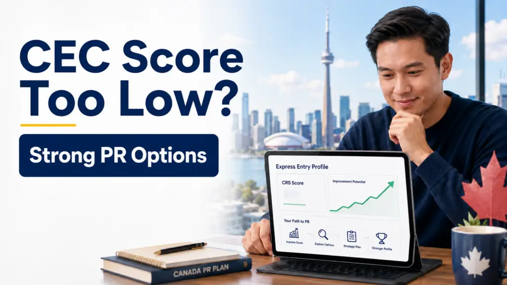 CEC score too low? Featured image showing strong Canada PR options for Express Entry candidates looking to improve their CRS score and permanent residency chances in 2026.