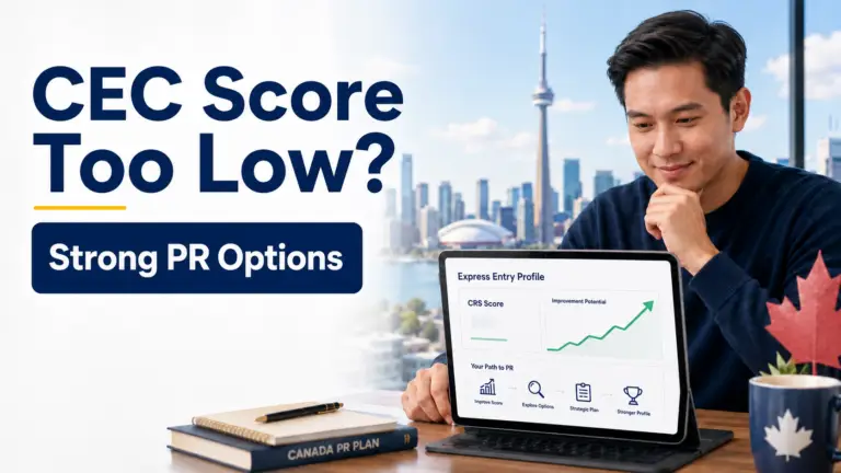 CEC score too low? Featured image showing strong Canada PR options for Express Entry candidates looking to improve their CRS score and permanent residency chances in 2026.