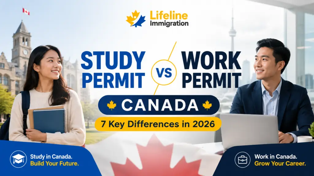 study-permit-vs-work-permit-canada-2026jpg - Lifeline Immigration Study Permit vs Work Permit Canada comparison showing an international student and foreign worker highlighting the key differences between Canadian study permits and work permits in 2026.