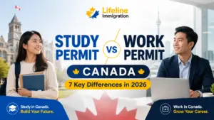 study-permit-vs-work-permit-canada-2026jpg - Lifeline Immigration Study Permit vs Work Permit Canada comparison showing an international student and foreign worker highlighting the key differences between Canadian study permits and work permits in 2026.